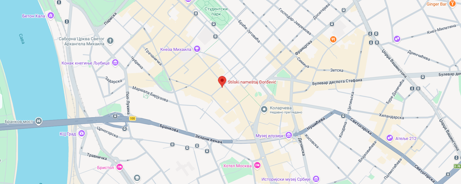 Mapa centra Beograda sa označenom lokacijom Stilski nameštaj Đorđević